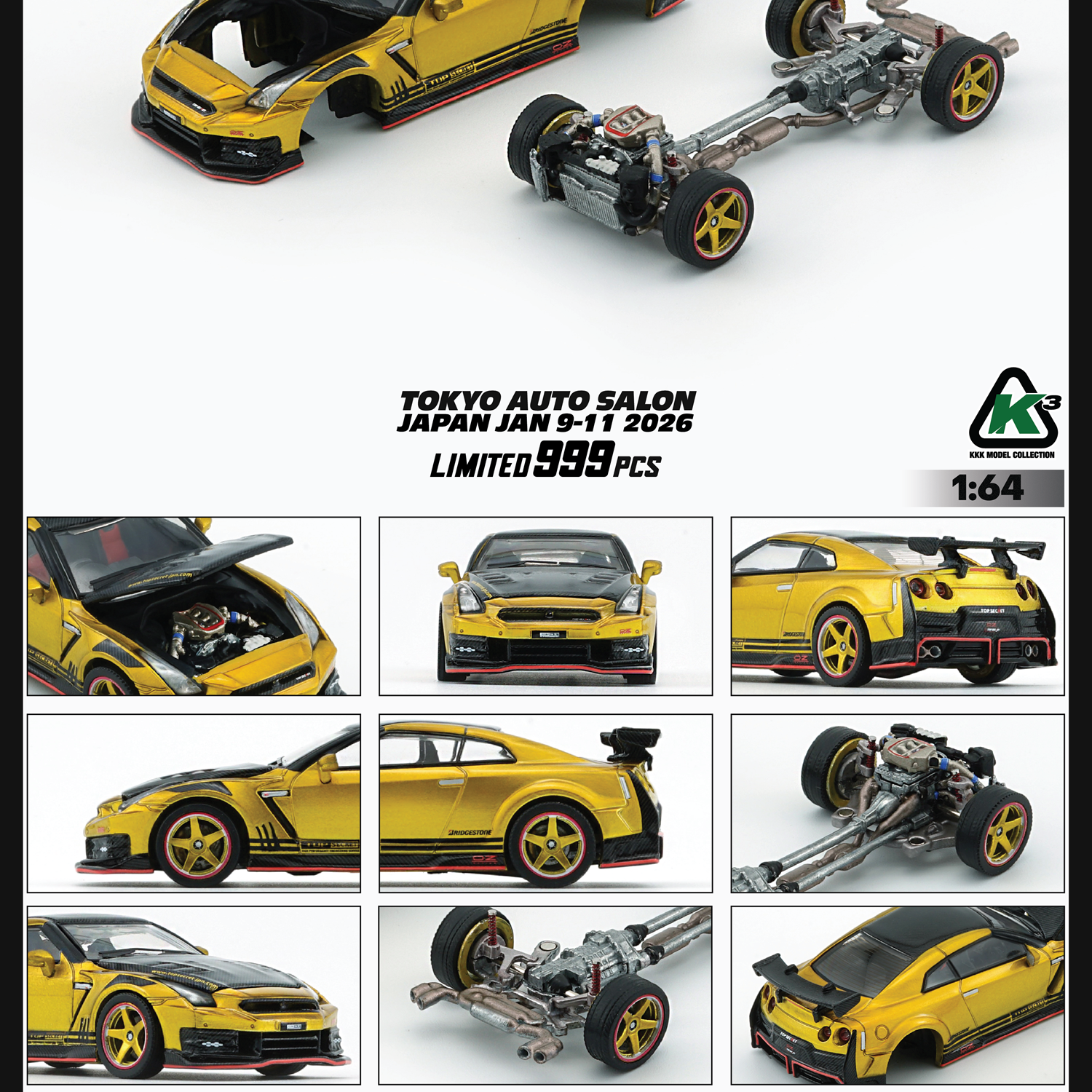 K3 -  1/64 Top Secret R35 GT-R GOLD with Carbon Bonnet