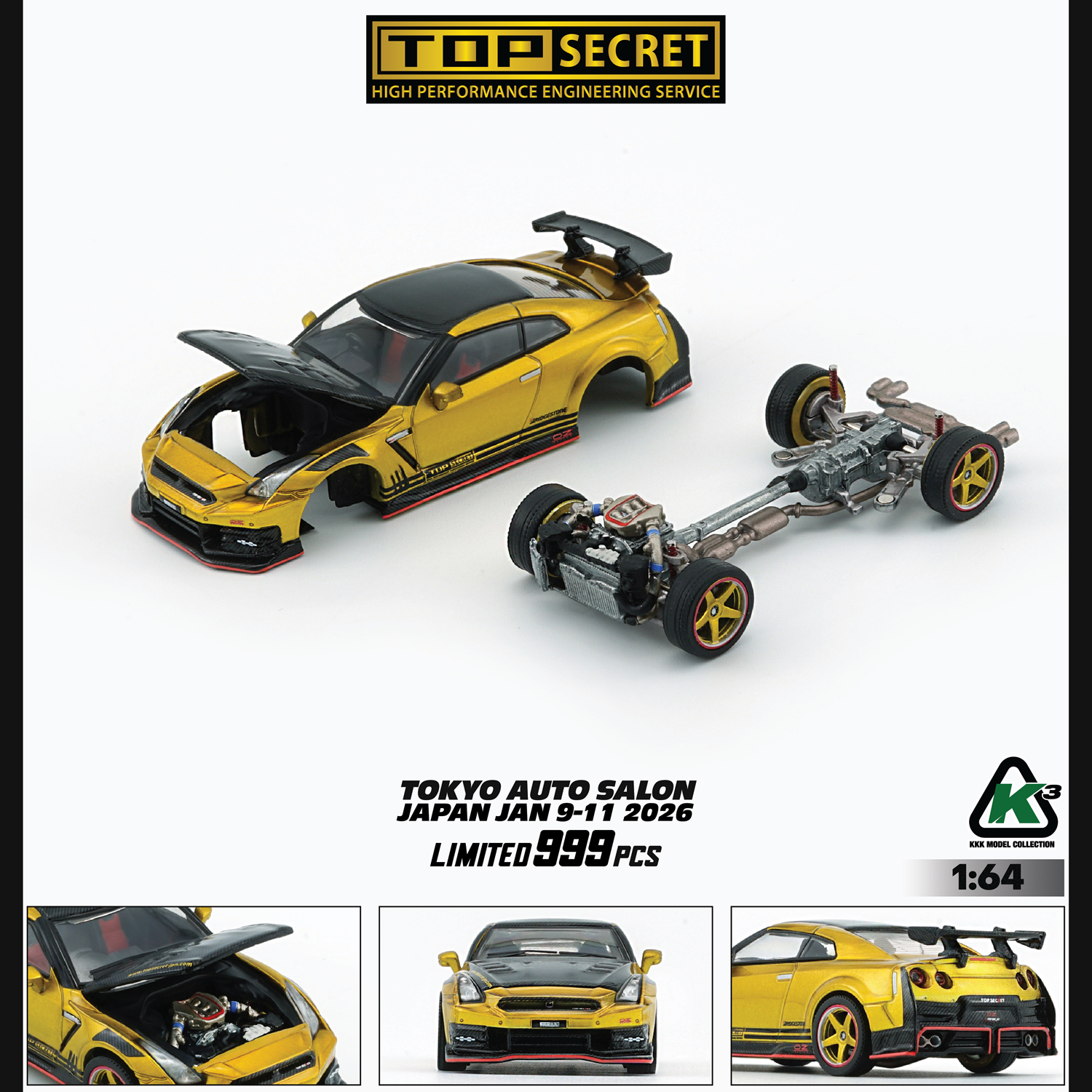 K3 -  1/64 Top Secret R35 GT-R GOLD with Carbon Bonnet